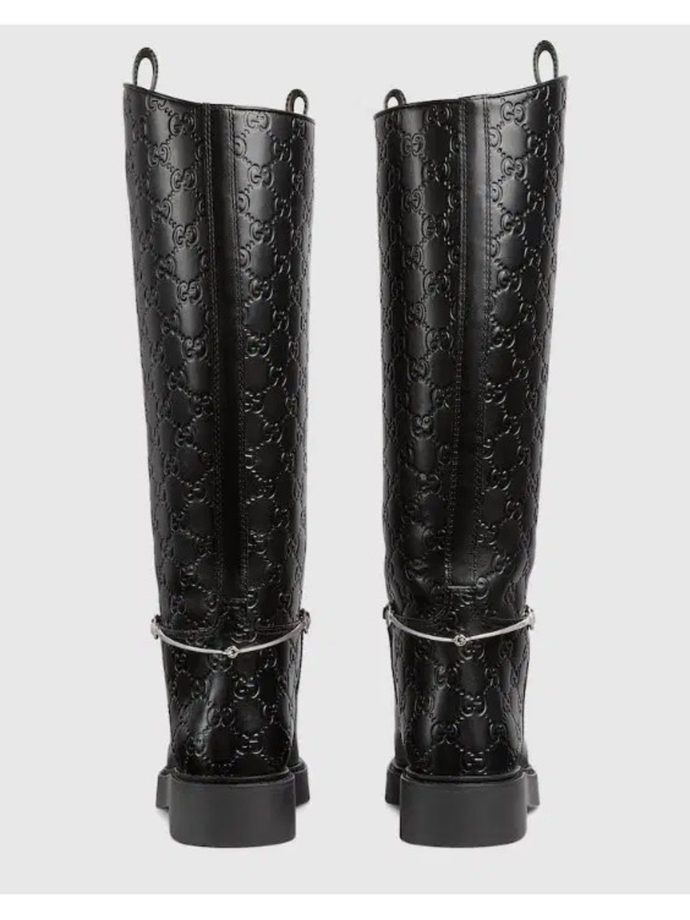 Gucci Black Embossed Leather Over-The-Knee Boots with Green-Red Pull Tabs - Picture 3 of 5